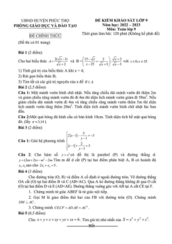 Đề khảo sát Toán 9 năm 2022 – 2023 phòng GD&ĐT Phúc Thọ – Hà Nội