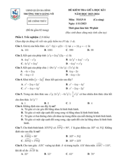 Đề giữa học kì 1 Toán 8 năm 2023 – 2024 trường THCS Giảng Võ – Hà Nội