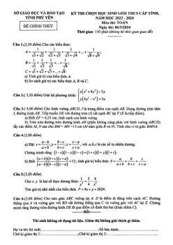 Đề học sinh giỏi Toán THCS cấp tỉnh năm 2023 – 2024 sở GD&ĐT Phú Yên