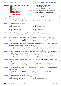 Đề thi học kì 2 Toán 12 năm 2019 – 2020 trường Nguyễn Khuyến – Bình Dương