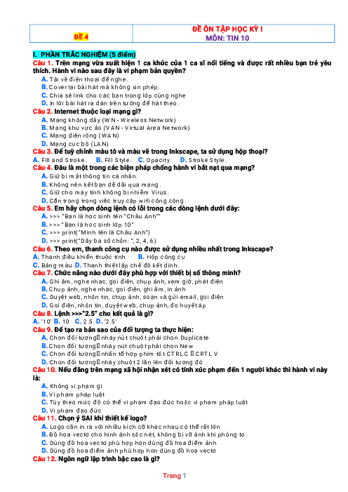 Đề thi HK 1 môn Tin 10 Kết nối tri thức (có đáp án-Đề  )