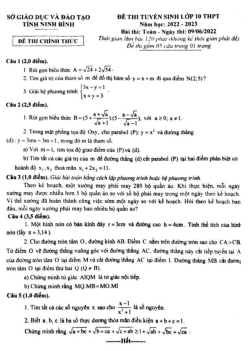 Đề tuyển sinh lớp 10 THPT môn Toán năm 2022 – 2023 sở GD&ĐT Ninh Bình