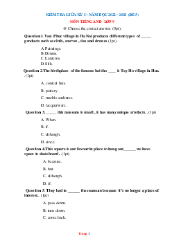 Đề thi giữa học kỳ 1 môn tiếng anh 9 năm 2022-2023 Đề 5 (có đáp án)