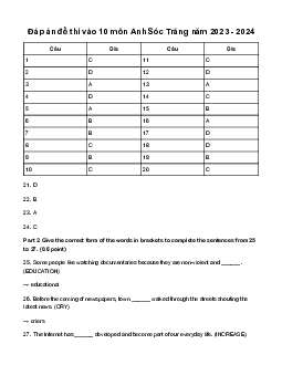 Đề thi vào 10 môn Tiếng Anh năm 2023 - 2024 sở GD&ĐT Sóc Trăng