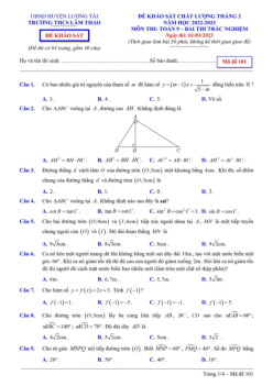 Đề khảo sát Toán 9 tháng 2 năm 2023 trường THCS Lâm Thao – Bắc Ninh