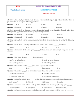 Bộ đề kiểm tra giữa học kỳ 1 Tiếng Anh 12 năm 2020-2021 (có đáp án)