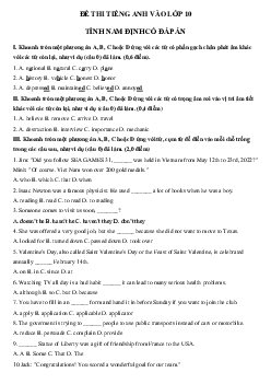 Đề ôn thi tuyển sinh lớp 10 môn Anh Nam Định năm 2024