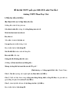 Đề thi thử THPT Quốc gia 2021 môn Ngữ Văn trường THPT Phan Huy Chú, Hà Nội lần 2