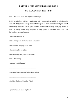 Phiếu bài tập ở nhà tiếng Anh lớp 3 - Ngày 01/04