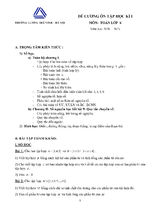 Đề cương ôn tập học kì 1 Toán 6 năm 2020 – 2021 trường Lương Thế Vinh – Hà Nội