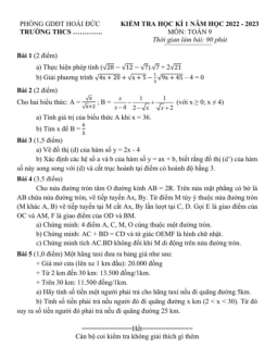 Đề học kì 1 Toán 9 năm 2022 – 2023 phòng GD&ĐT Hoài Đức – Hà Nội