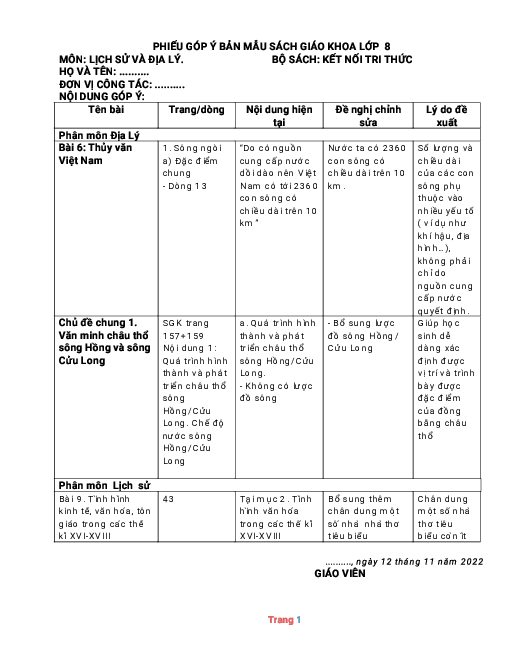 Bộ phiếu góp ý SGK Lịch sử và Địa lí 8 Kết nối tri thức