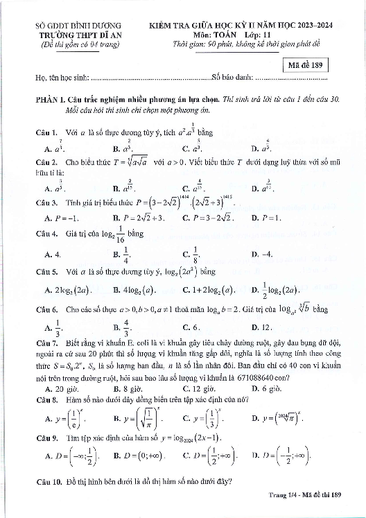Đề giữa học kỳ 2 Toán 11 năm 2023 – 2024 trường THPT Dĩ An – Bình Dương