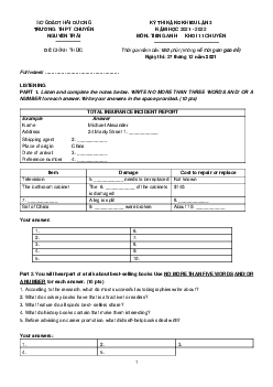 Kỳ Thi Năng Khiếu Lần 3 Năm Học 2021 - 2022 Môn Tiếng Anh Khối 11 Chuyên Trường THPT Chuyên Nguyễn Trãi - Hải Dương (có đáp án)