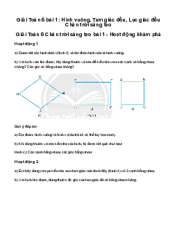 Giải Toán 6 Bài 1: Hình vuông, Tam giác đều, Lục giác đều sách Chân Trời Sáng Tạo