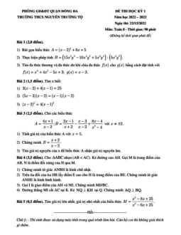 Đề học kì 1 Toán 8 năm 2022 – 2023 trường THCS Nguyễn Trường Tộ – Hà Nội