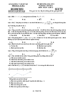 Đề kiểm tra học kỳ 1 Toán 12 năm 2020 – 2021 sở GD&ĐT Hậu Giang