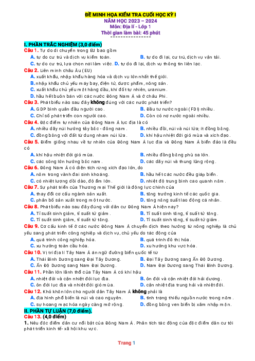Đề ôn thi học kỳ 1 Địa 11 Kết nối tri thức (có đáp án)