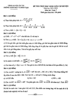 Đề học sinh giỏi huyện Toán 7 năm 2021 – 2022 phòng GD&ĐT Ân Thi – Hưng Yên