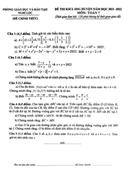 Đề KSCL HSG huyện Toán 7 năm 2021 – 2022 phòng GD&ĐT Nghi Lộc – Nghệ An