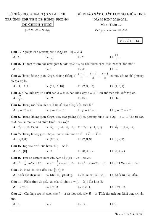 Đề thi giữa HK2 Toán 12 năm 2020 – 2021 trường chuyên Lê Hồng Phong – Nam Định