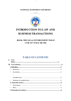 Bài tập nhóm môn Luật kinh tế: Introduction to law and business transactions, Book: THE LEGAL ENVIRONMENT TODAY case 10-7 (Page 285-286)