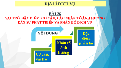 Giáo án điện tử Địa lí 10 Bài 26 Cánh diều: Vai trò, đặc điểm, cơ cấu, các nhân tố ảnh hưởng đến sự phát triển và phân bố dịch vụ