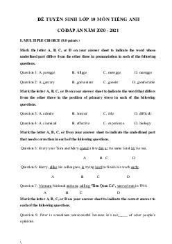Đề thi vào lớp 10 môn tiếng Anh sở GD&ĐT Hà Nội năm 2020 số 8