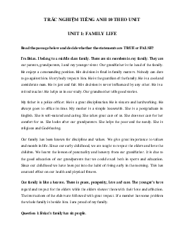 Trắc nghiệm Reading tiếng Anh lớp 10 Unit 1 Family Life | Global Success