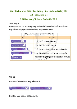 Giải Tin học lớp 4 Bài 6: Tạo chương trình có nhân vật thay đổi kích thước, màu sắc| Cánh diều