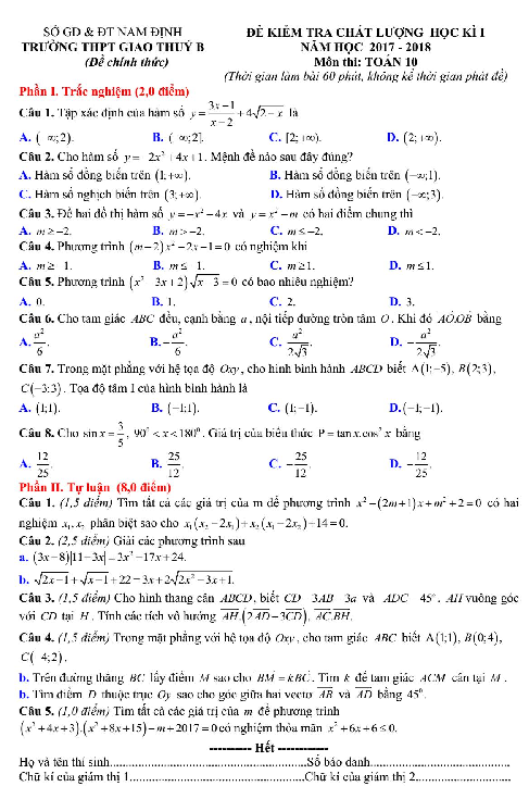 Đề kiểm tra chất lượng HK1 Toán 10 năm học 2017 – 2018 trường THPT Giao Thủy B – Nam Định