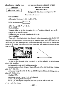 Đề tuyển sinh vào lớp 10 môn Toán năm 2023 – 2024 sở GD&ĐT Trà Vinh
