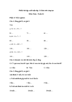 Bài tập cuối tuần Toán lớp 3 Chân trời sáng tạo - Tuần 12