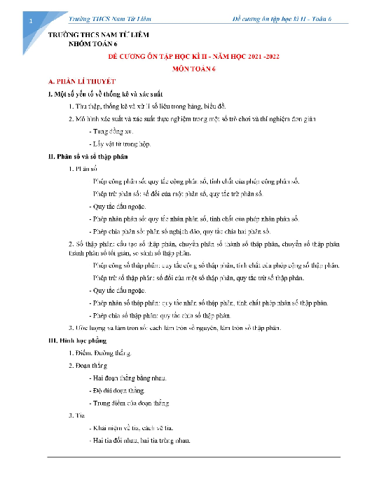 Đề cương học kì 2 Toán 6 năm 2021 – 2022 trường THCS Nam Từ Liêm – Hà Nội