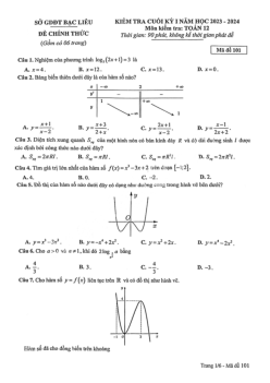 Đề kiểm tra cuối kỳ 1 Toán 12 năm 2023 – 2024 sở GD&ĐT Bạc Liêu