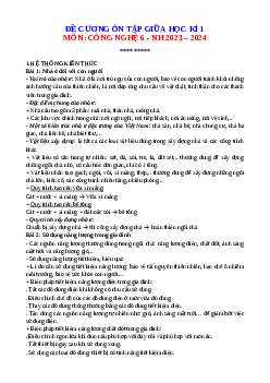 Đề cương ôn tập giữa học kì 1 môn Công nghệ 6 sách Chân trời sáng tạo