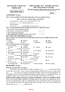 Đề thi HK1 Tiếng Anh 8 Quảng Nam 2019-2020 có đáp án