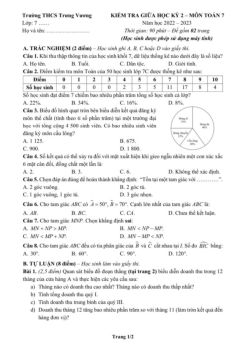 Đề giữa học kỳ 2 Toán 7 năm 2022 – 2023 trường THCS Trưng Vương – Hà Nội