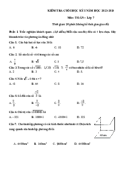 Bộ đề tham khảo cuối kì 1 Toán 7 năm 2023 – 2024 phòng GD&ĐT Bình Chánh – TP HCM