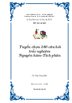 Tuyển chọn 280 câu hỏi trắc nghiệm nguyên hàm – tích phân – Phan Trung Hiếu Toán 12