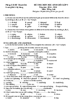 Đề thi chọn HSG lớp 9 môn Anh cấp trường, Trường THCS Mỹ Hưng, Thanh Oai (có đáp án)