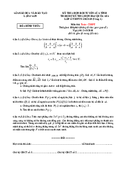 Đề thi chọn đội tuyển tham dự kỳ thi HSG Quốc gia Toán 12 năm 2019 sở GD và ĐT Lạng Sơn