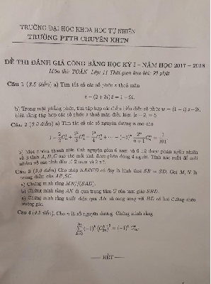 Đề thi đánh giá công bằng học kỳ I năm học 2017 – 2018 môn Toán 11 trường THPT chuyên KHTN – Hà Nội