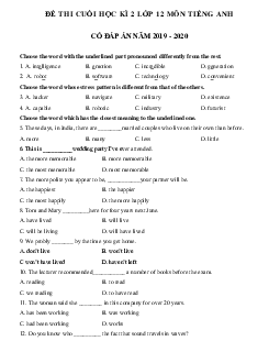 Đề kiểm tra tiếng Anh lớp 12 học kì 2 năm 2019 - 2020