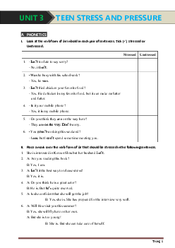 Bài Tập Tiếng Anh 9 Chương Trình Mới Bài 3: Teen Stress And Pressure (có lời giải)