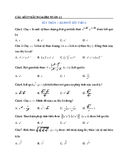 Trắc nghiệm môn Toán 12: Lũy thừa - Hàm số lũy thừa