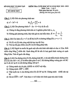 Đề kiểm tra cuối học kỳ 2 Toán 9 năm 2021 – 2022 sở GD&ĐT Bình Dương