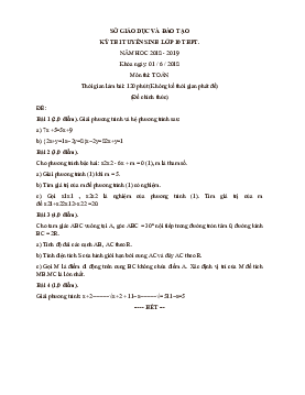 Đề thi tuyển sinh vào lớp 10 năm 2018-2019 môn Toán - Ninh Thuận (có đáp án)