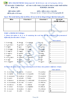 Đề thi tuyển sinh vào lớp 10 trung học phổ thông năm học 2015-2016 môn Tiếng Anh chuyên tỉnh Đắk Lắk