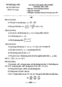 Đề tuyển sinh lớp 10 môn Toán (không chuyên) năm 2024 – 2025 sở GD&ĐT Bạc Liêu